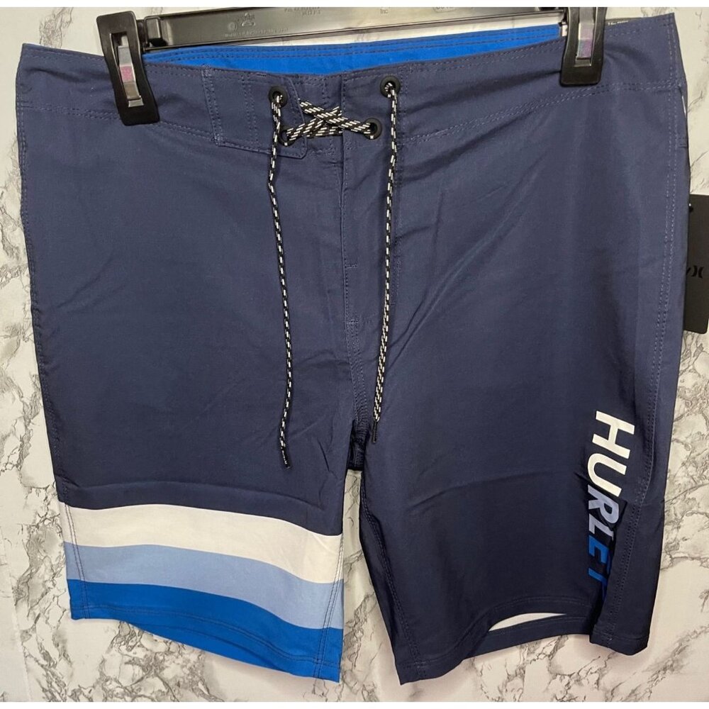 Hurley Mens 30 Boardshorts 4-Way Stretch Water Repellent Surf Shorts Blue/White